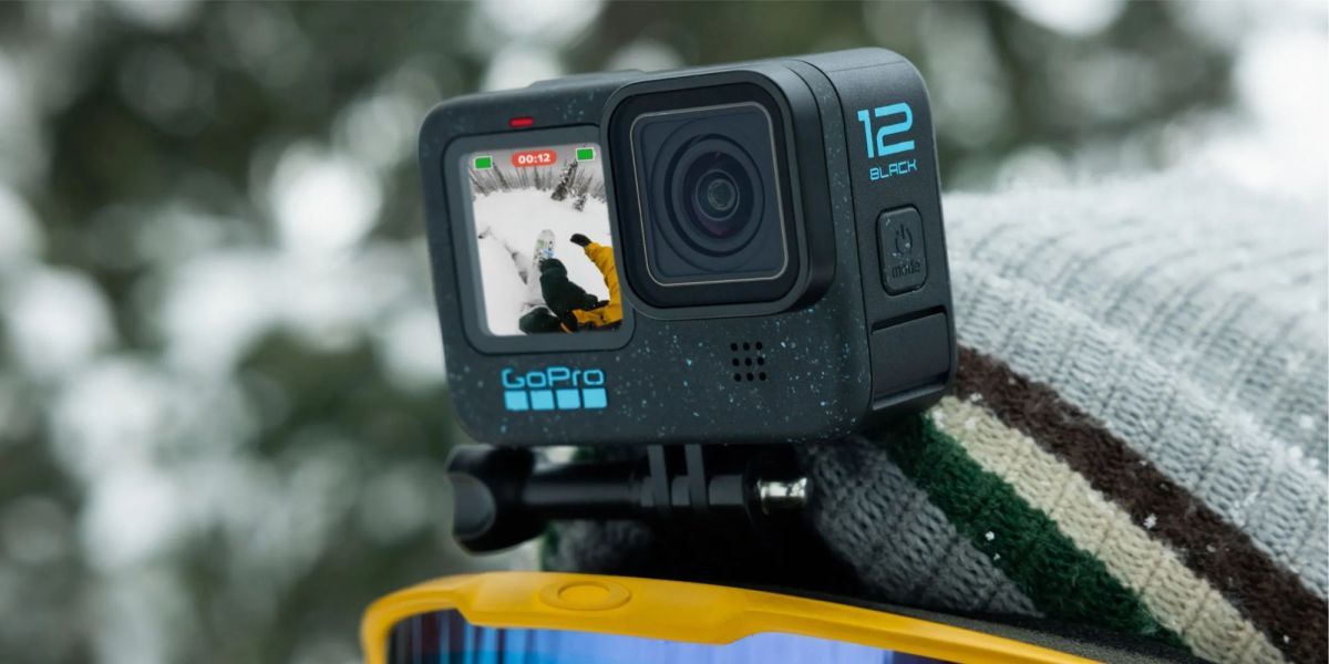 GoPro Hero 12 BLACK mounted on a person's helmet.