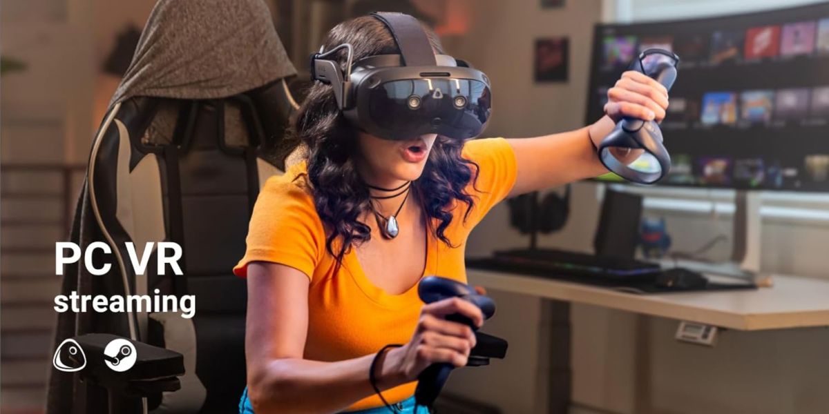 Image showing a person wearing HTC Vive Focus Vision VR headset.