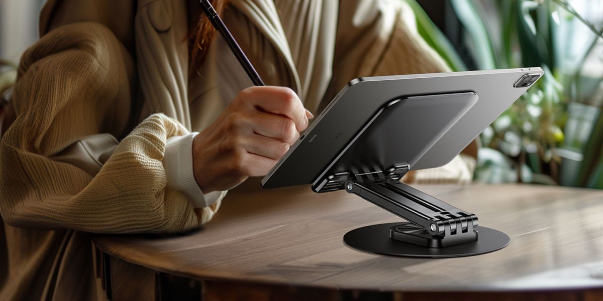 A person drawing on an iPad that's resting on a tablet stand.