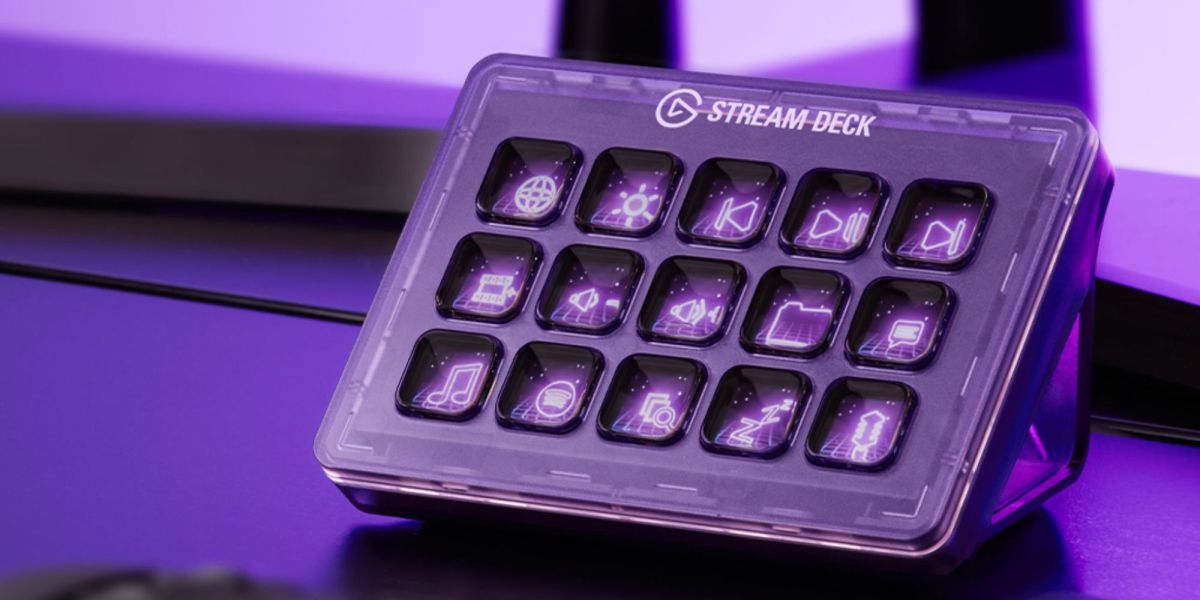 Image showing Elgato's atomic purple Stream Deck MK.2 on a desk.