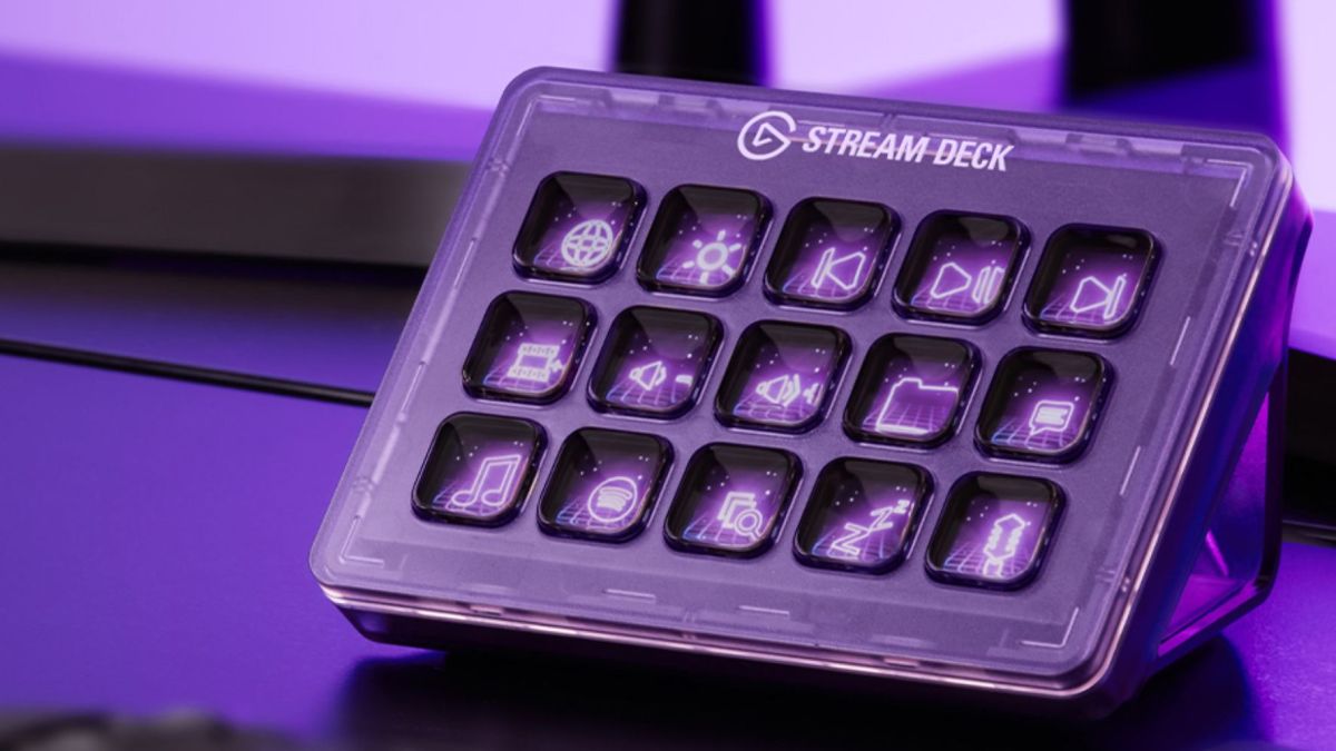 Image showing Elgato's atomic purple Stream Deck MK.2 on a desk.