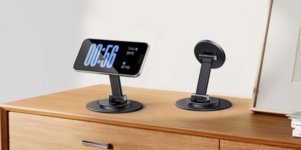 Image showing UGREEN's MagSafe phone stand with iPhone mounted to it.