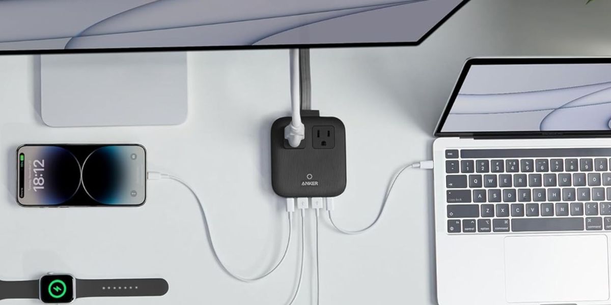 Image showing an Anker charging station powering a bunch of Apple gear.