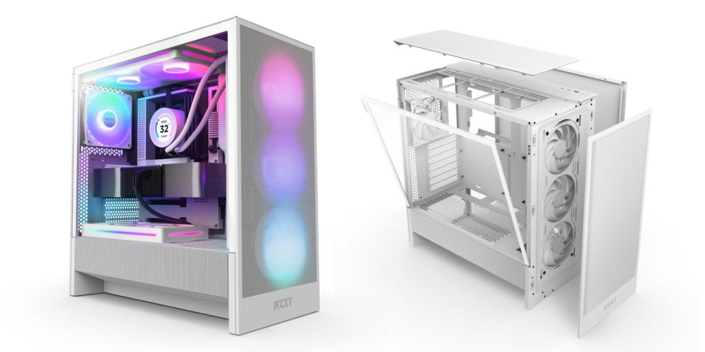 Image showing renders of NZXT's 2024 H5 Flow PC case in white.