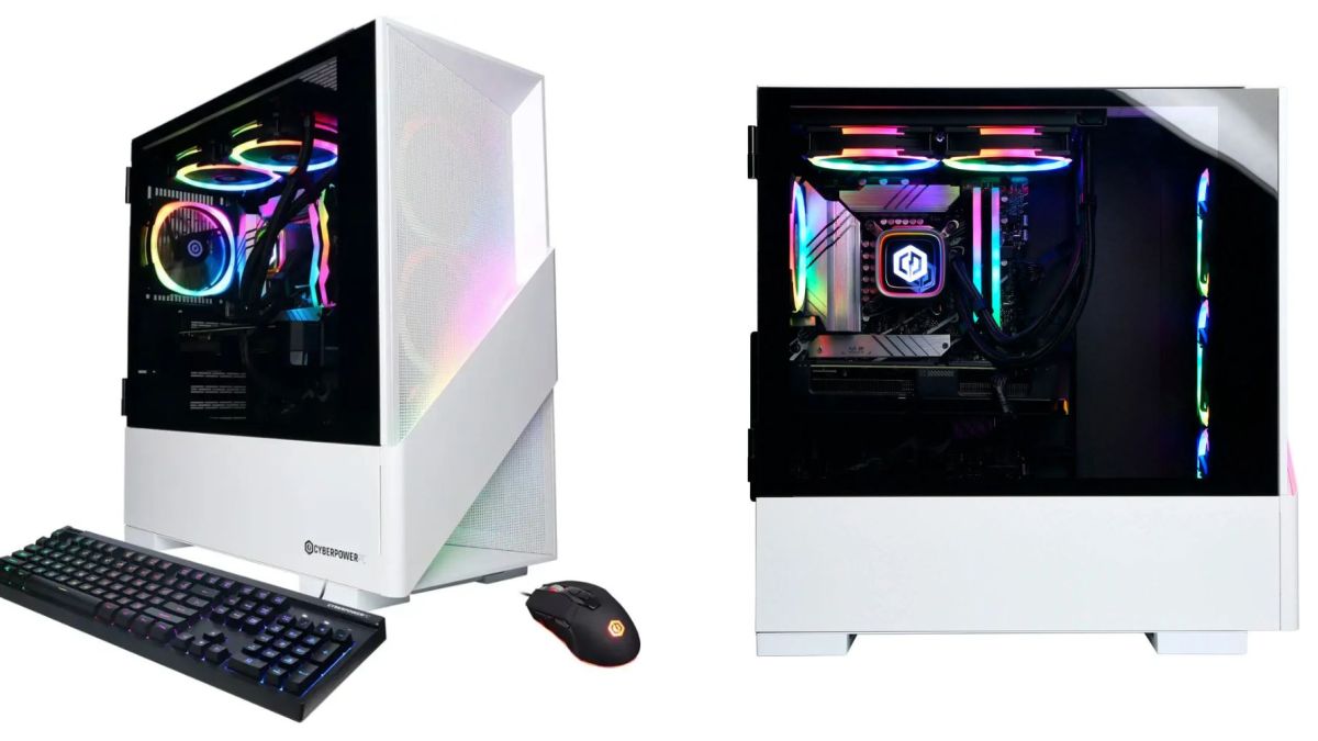 Image showing renders of CyberPowerPC gaming desktop in white.