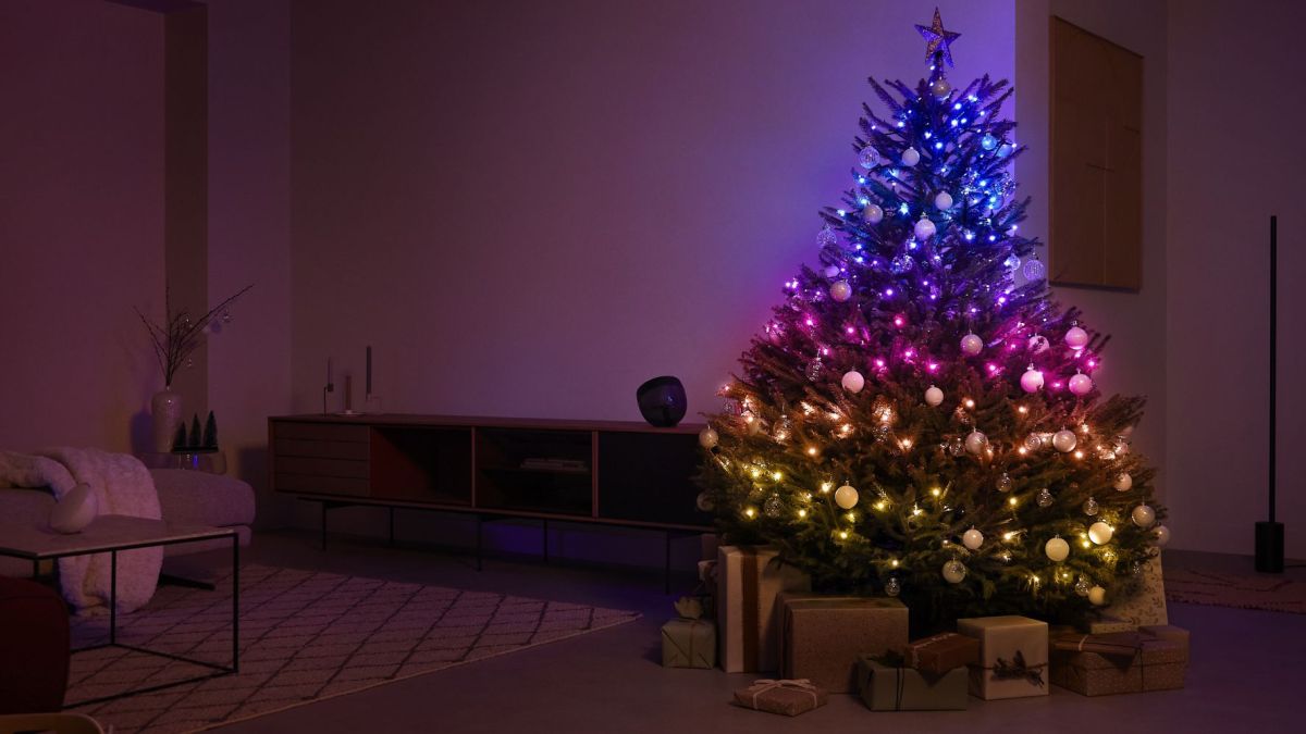 Image showing a Christmas tree decorated with Philips Hue light.