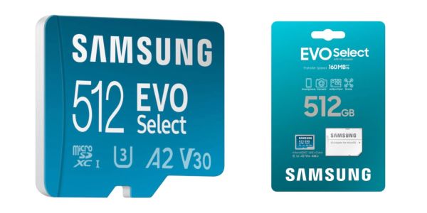 Image showing renders of Samsung's 512GB EVO Select microSD + adapter.