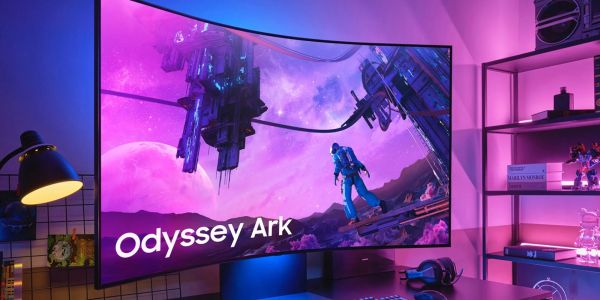 Image showing Samsung's Odyssey Ark 2nd gen. gaming monitor on a desk.