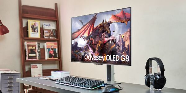 Image showing Samsung's Odyssey OLED G8 gaming monitor on a desk.