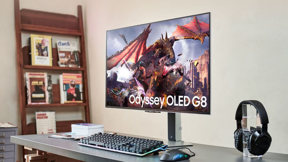 Image showing Samsung's Odyssey OLED G8 gaming monitor on a desk.