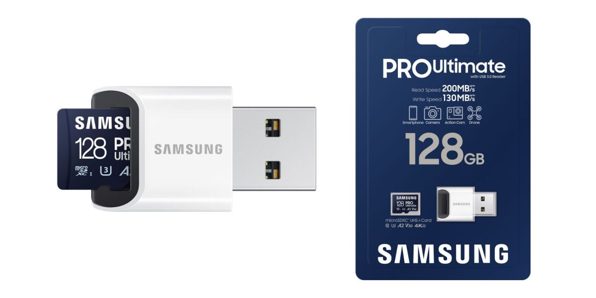 Image showing renders of Samsung's 128GB PRO Ultimate microSD card with reader.