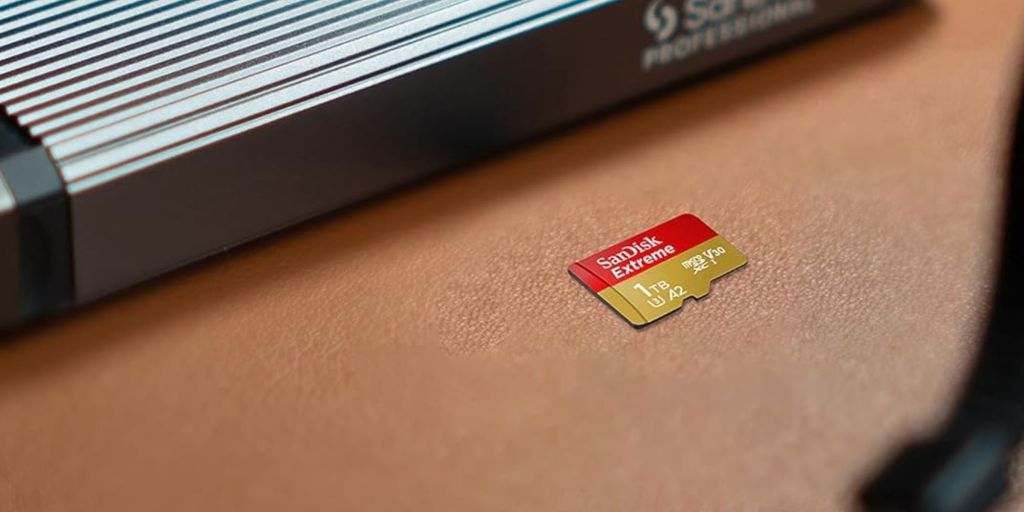 Image showing SanDisk's 1TB Extreme microSD card on a desk.