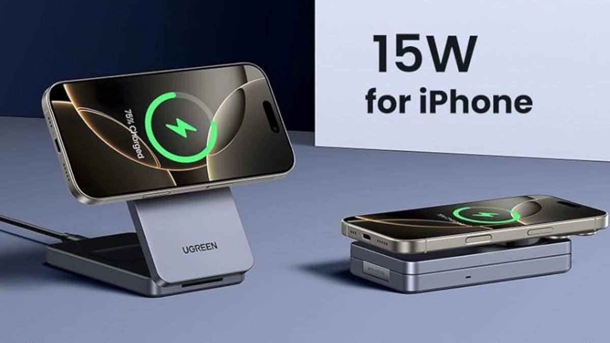 Image showing a render of UGREEN's MagFlow Qi2 2-in-1 charging stand.