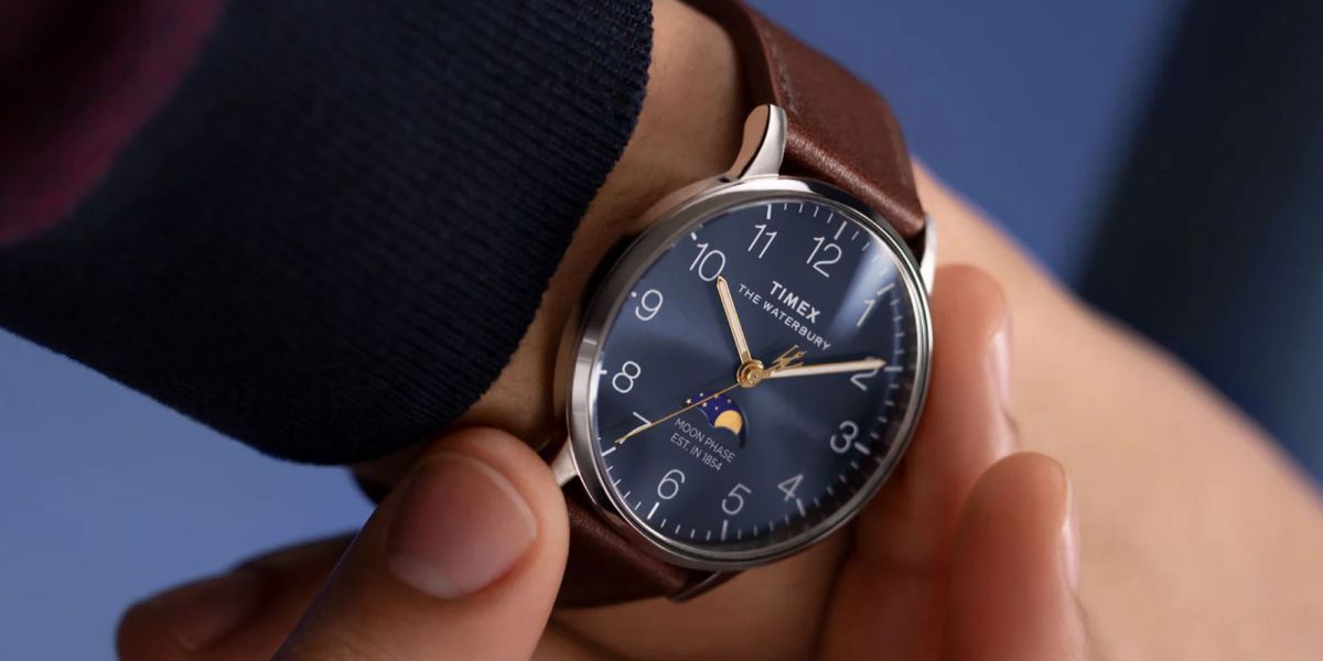 Image showing a person weating Timex's Waterbury Classic Moon Phase watch.