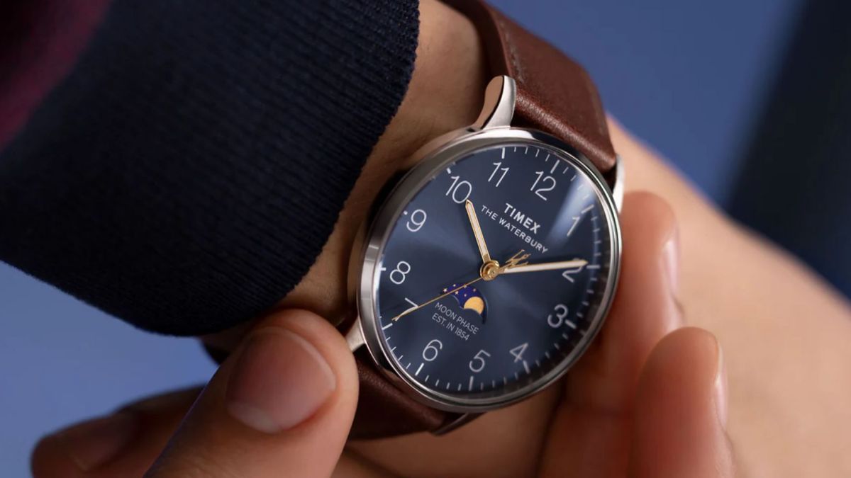 Image showing a person weating Timex's Waterbury Classic Moon Phase watch.